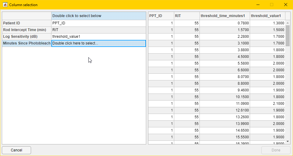 Column Selection window showing columns being matched with application required fields.