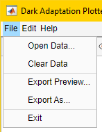 File menu contents including Open Data..., Clear Data, Export Preview..., Export As..., and Exit.